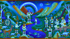 The first people created by the Rainbow Serpent, learning to live in harmony with the land by rivers and mountains.