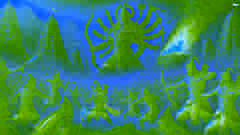 O exército demoníaco de Ravana e as forças de Rama colidem no campo de batalha, com uma Lanka em chamas ao fundo.