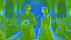 Köroğlu, disfrazado de juglar, canta en un majestuoso salón del palacio, cruzando miradas con la hermosa Nigar.
