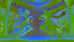 Elara y Lykos se enfrentan en una competencia de baile en una antigua arena.