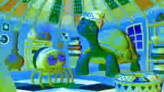 Anansi looking confused as the turtle Nkonkonkon puts food away in his home.