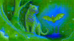 Jaguar et chauve-souris se tenant fièrement près du cenote lumineux, entourés d'une végétation luxuriante et de lucioles.