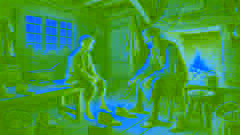 El nieto del zapatero da la bienvenida a un viajero cansado junto al fuego, mientras prepara un nuevo par de zapatos.