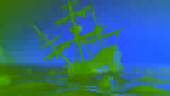 An explorer's ship adrift after battling the Kraken, with broken masts and calm seas at sunset.