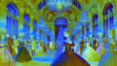Émilie en el baile del castillo, luciendo su vestido de seda azul.