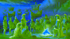 Los guerreros y barcos griegos se reúnen cerca de las costas de Troya en preparación para la batalla.