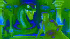 O cavaleiro Alaric encontra o Basilisco em uma caverna mal iluminada, ergue seu escudo prateado em defesa.