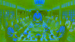 El Nurarihyon come con tranquilidad en un gran banquete mientras los aldeanos sostienen amuletos sagrados, con el sacerdote observando nerviosamente.