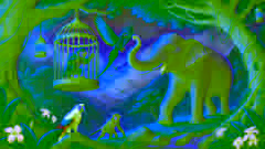 Elephant using her trunk to break a cage and free a parrot while the monkey watches.