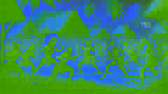 Guerreiros caribenhos se confrontando com colonos europeus em uma ilha do Caribe, lutando com lanças e flechas.