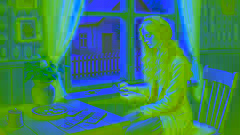 Della comptait son argent, assise près de la fenêtre avec une expression triste dans un appartement modeste.
