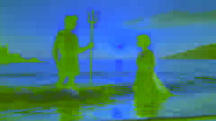 Poseidón y Anfitrite se encuentran pacíficamente en las aguas poco profundas frente a Creta durante el atardecer.
