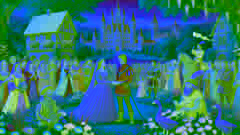 Princess Gisela and the prince in a grand garden celebrating their marriage.