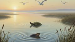 Una escena inspirada en las versiones de los Grandes Lagos: la nutria de río se zambulle mientras la tortuga emerge a la superficie, el lodo se aferra a la patita del pequeño buceador.