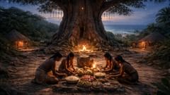 Ofertas junto a um baobá ao pôr do sol: continuidade ritual entre o povo, a árvore e a maré.