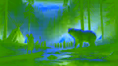 Aiden and Yetsa, the Spirit Bear, lead villagers to gather water from the river to fight a forest fire in the background.