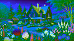 Green Gables farmhouse in the springtime, with blooming flowers and vibrant greenery.