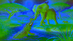 The Elephant pulling the Crocodile out of the water in a vibrant African savanna setting.