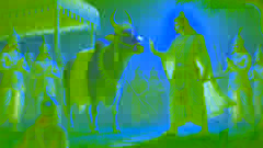 El rey Vishwamitra llega al ashram del sabio Vasishta acompañado de su ejército, exigiendo a Kamadhenu mientras la tensión aumenta.