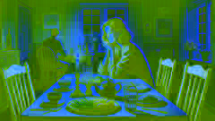 Mary sits at a dimly lit dinner table with a sad expression, waiting for John who never reciprocates her feelings.