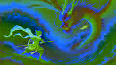 Nezha se enfrenta a Ao Bing en la orilla, mientras las olas estallan a su alrededor en una intensa confrontación.