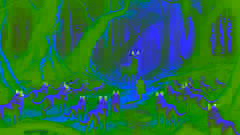 Pwyll encounters the otherworldly hounds in the forest, white fur and red-tipped ears hounds surrounding a stag.