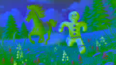 El hombre de jengibre corre velozmente a través de un prado, mientras un rápido caballo lo persigue, levantando polvo.