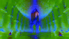 Rafael and Isabel stand before a massive glowing crystal inside the Ciudad de los Césares
