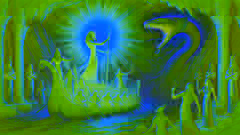 La barca solar de Ra navega a través del inframundo, luchando contra la serpiente Apep en aguas oscuras.