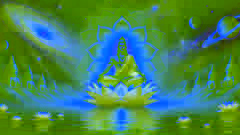 Brahma in deep meditation with a radiant lotus blooming from his navel in a cosmic landscape