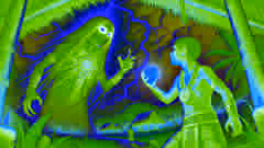Guarionex battles the dark spirit Coaybay, holding a glowing amulet amidst lightning and storm clouds