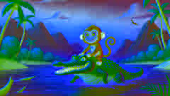 Monkey riding on the back of a crocodile in the middle of the river.