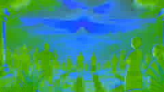 Los aldeanos miran hacia el este, aguardando el regreso de Quetzalcóatl, con el horizonte bañado en luz dorada.