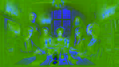 A group of magical people in a dimly lit room having a secret meeting around a wooden table.