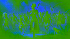 Queen Nzinga leading her army through the dense forest, preparing for battle.