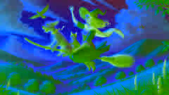 Die Hexe, die Katze und der Hund fliegen über grüne Hügel auf einem Besen und suchen nach einem verlorenen Bogen.