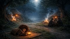 An origin scene: the Egbere weeps beneath moonlight, its mat like a tiny home of memory and warning.