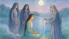 Egle accepts a silvery thread from the Laumes by the moonlit lakeshore
