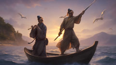 Han Xiangzi toca una flauta sanadora mientras Lü Dongbin sujeta una espada contra el viento.