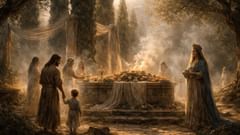 Ein gemaltes Tableau aus Athirats Hain im Morgengrauen: Priesterinnen entzünden Öle, während König Keret mit Hadashtu und ihren Kindern dasteht.