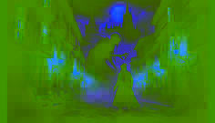 Diego stands defiantly facing a shape-shifting, ghostly figure in a dark village setting.