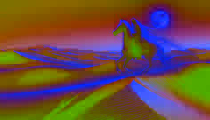 Cavaleiro espectral atravessando dunas de deserto iluminadas pela luz prateada sob o brilho do luar.