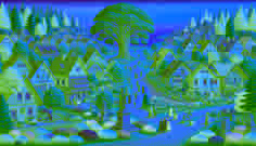 Un village pittoresque entourant l'arbre sacré du traité, parsemé de fleurs sauvages colorées et de statues.