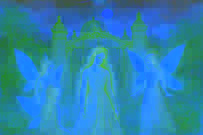 Elin en un vestido resplandeciente en la entrada del palacio, acompañada por las tres hadas a su lado.