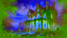 Una pareja de la época victoriana abrazándose bajo el pórtico de una mansión iluminada por la luz de la luna.