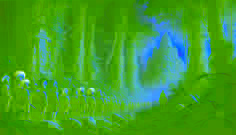 Conquistadors struggle through a dense, vine-choked jungle under a heavy canopy with shafts of light