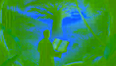 Emílio está em pé perto do antigo pé de ceiba ao amanhecer, segurando um diário repleto de anotações, imerso em profundas reflexões.