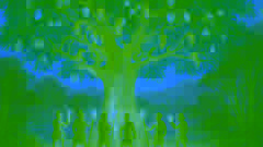 Ancient mango tree alive with monkeys and surrounded by human soldiers in the jungle