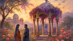 Princess and dervish in a lush nightingale-filled Persian garden with a marble pavilion.