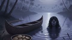 A storyteller's scene: a village elder leaves offerings at the river as a Yacuruna accepts, symbolizing bargain and healing.